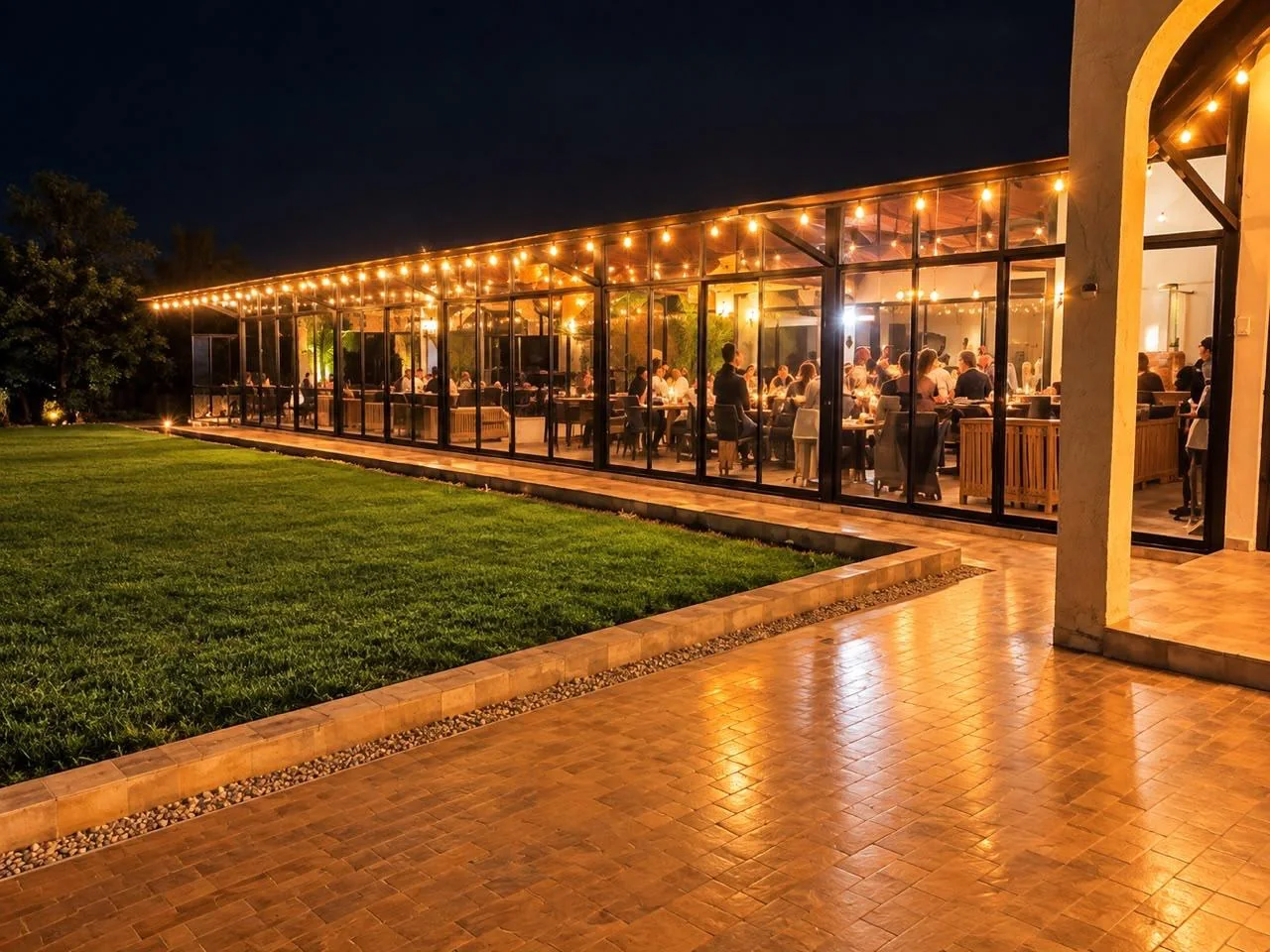Zona BBQ de noche, con las luces encendidas y una cena en curso