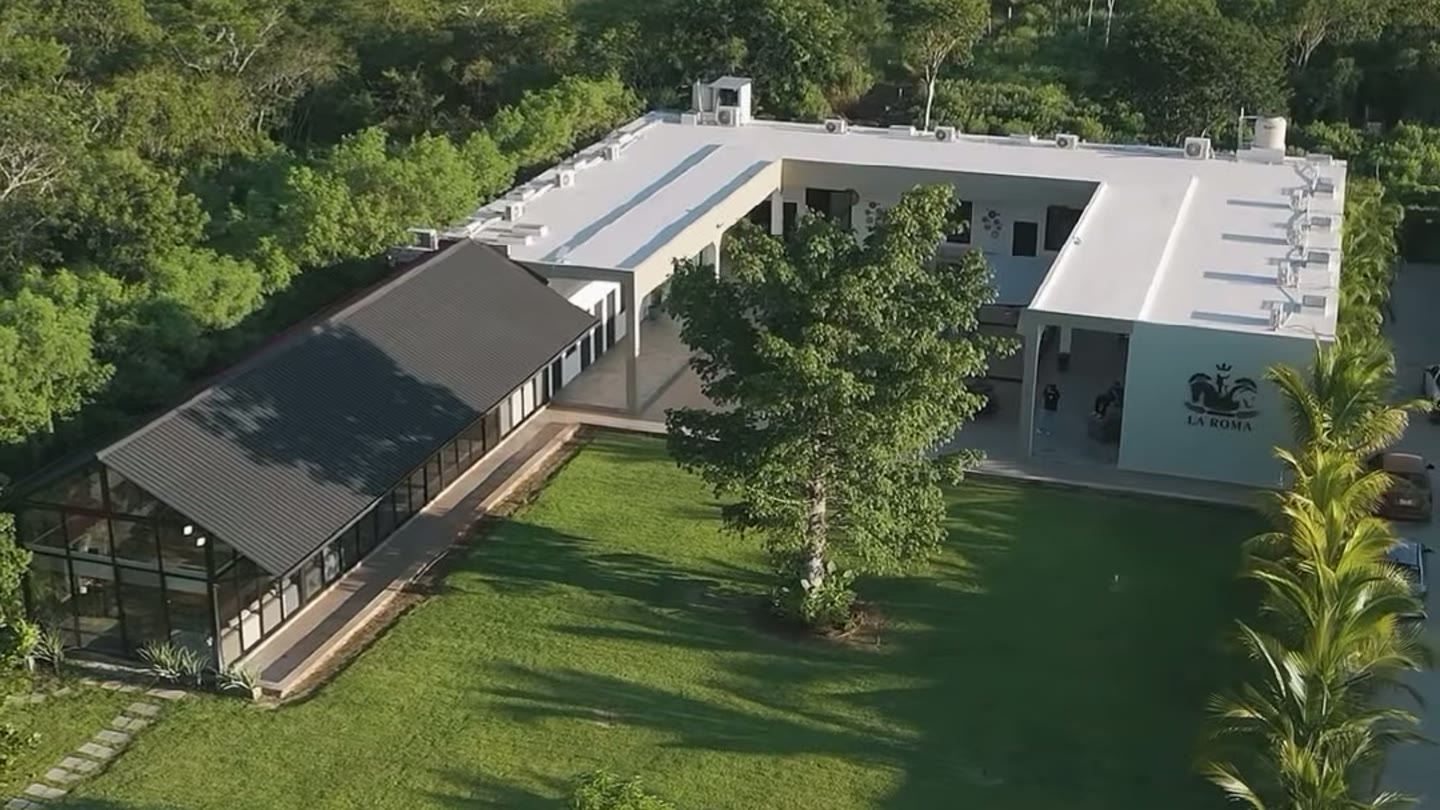 La propiedad vista desde el aire: el salón, el jardín y la selva alrededor